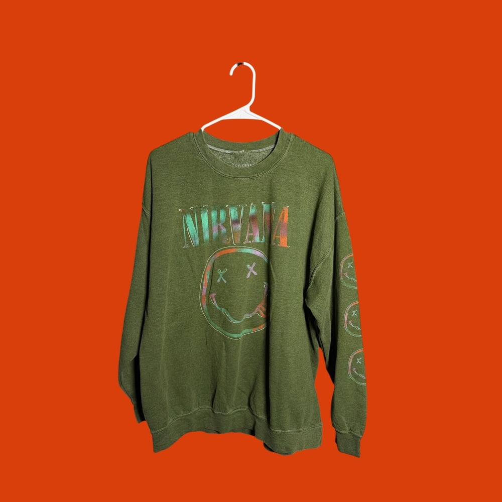 Nirvana Smiley Face Graphic‎ Sweatshirt Olive Green Iridescent XL Streetwear
